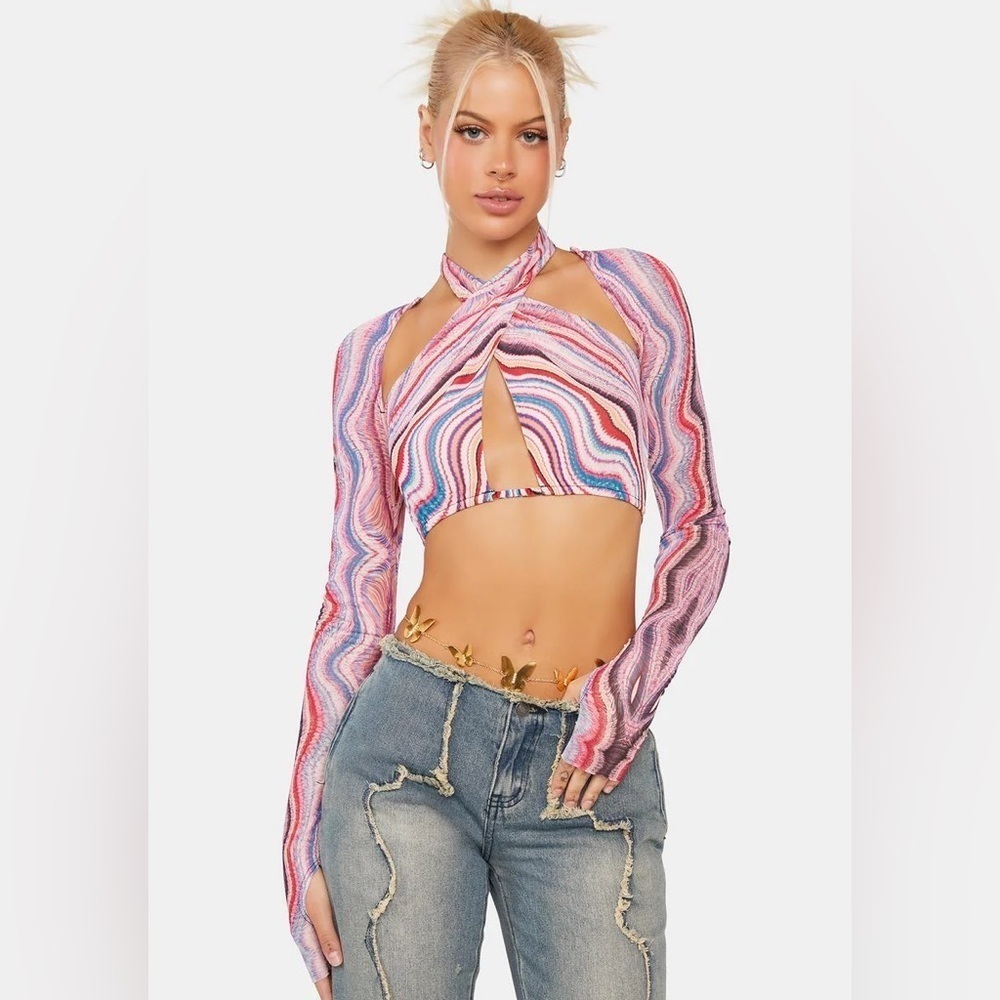 NWT AFRM Multi Wave Cordelia Wrap Top Cross Neck Long Sleeve Size Medium